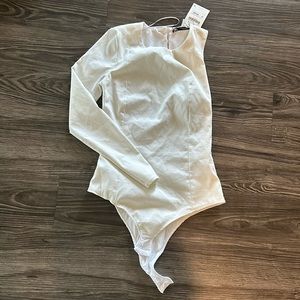 Zara White One Sleeve Open Back Bodysuit - Size Medium